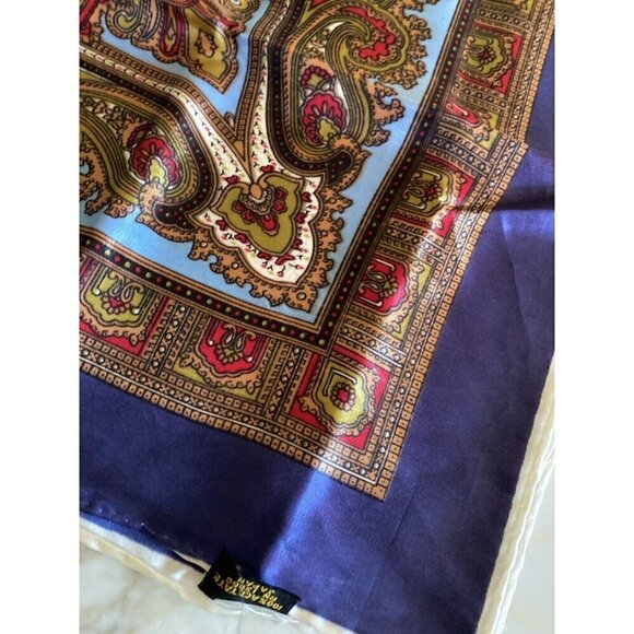 Satiny Polyester Vintage 1980's Paisley Scarf Blue - Picture 3 of 4